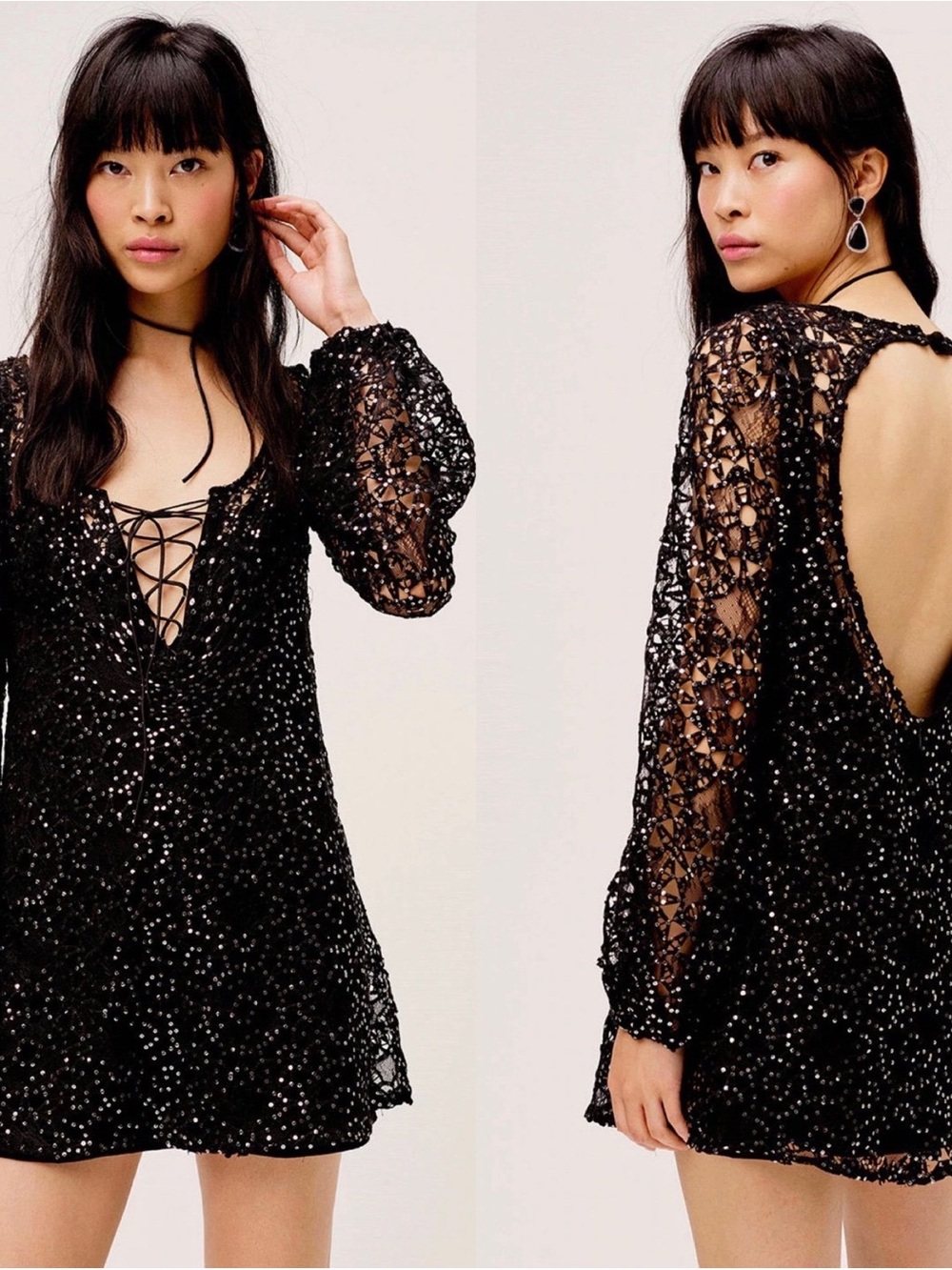 For Love & Lemons Clara Black Sequin Lace-Up Open-Back Mini Dress ❤️❤️